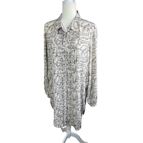 Tory Burch Celestial Frentera Angelique Silk Shirt Dress Nautical Beige Size 14 - Picture 4 of 16